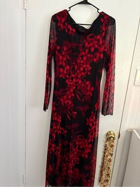 connected apparel Black Dress with Red Floral Mesh Long Sleeves